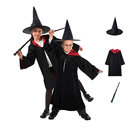 GREAHWD Kinder-Kostüm mit Zauberstab, Umhang, magische Hut, 3-teiliges Set (Schwarz, XL)