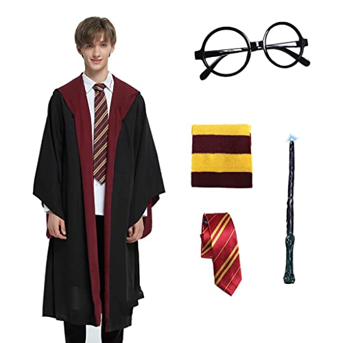 Amycute Wizard-Kostüm, Zauberer-Umhang, runde Brille, Zauberstab, Krawatte, langer Schal, für Kinder...