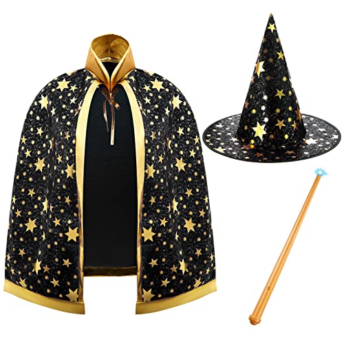 SATINIOR 3 Stück Zauberer Halloween Kostüm inklusive Zauberer Umhang Zauberhut Zauberstab mit Licht und...