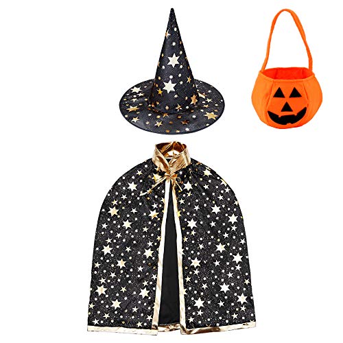 Jackcell Kinder Halloween Kostüm, Wizard Cape Witch Umhang mit Hut, Kürbis Candy Bag, Zauberer Mantel...